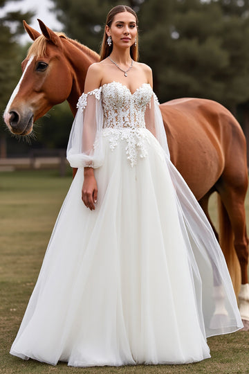 Off The Shoulder White Wedding Dress with Appliques